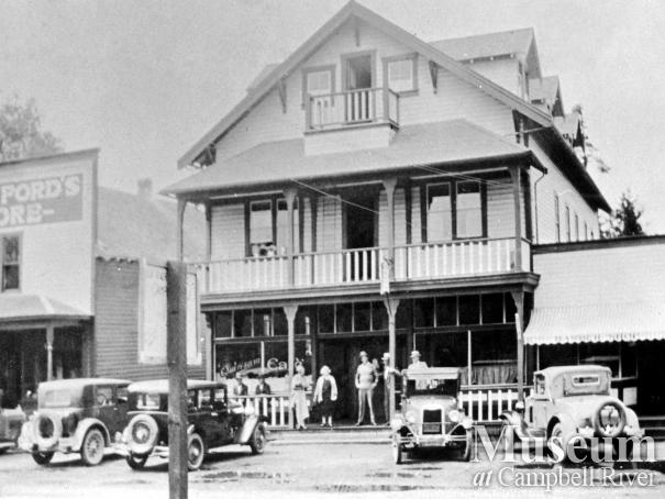 Crawford's Store, the Quinsam Hotel, and Shelby's Barber Shop