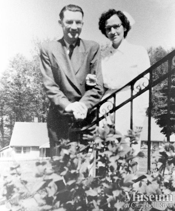Dr. Hall and Mrs. Morin on front steps of the Lourdes Hospital