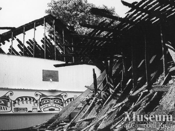 Burned remains of Thunderbird Hall, Campbell River Reserve